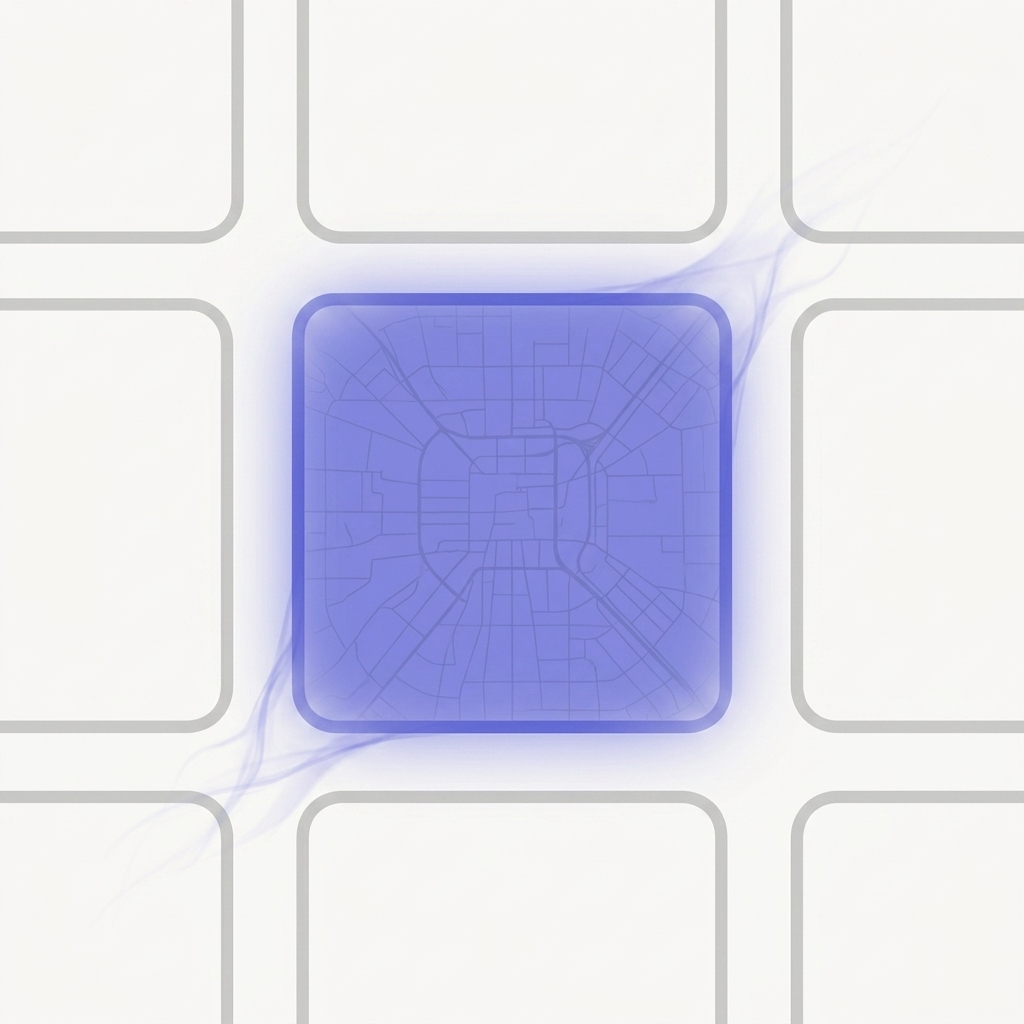 An indigo-tinted map square visibly fading at its edges, surrounded by empty outline-only cells.