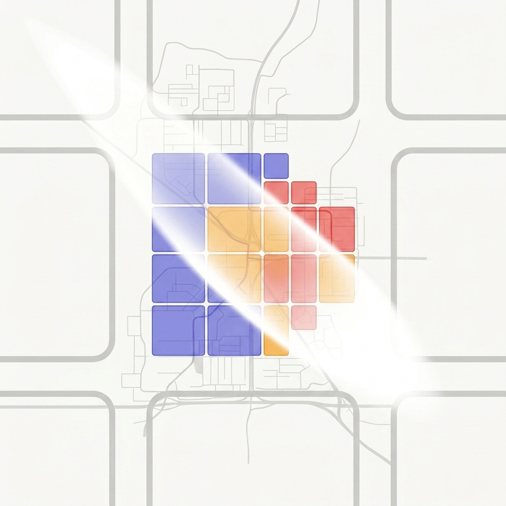 A cluster of colored map squares being swept clean by a diagonal wave of white light.