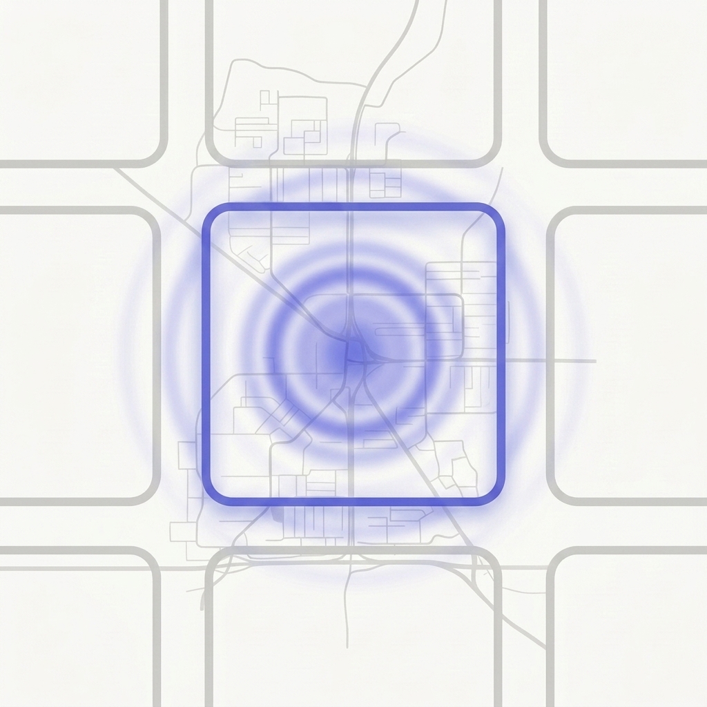 An empty outline-only map square with concentric indigo pulse rings rippling outward from its center.