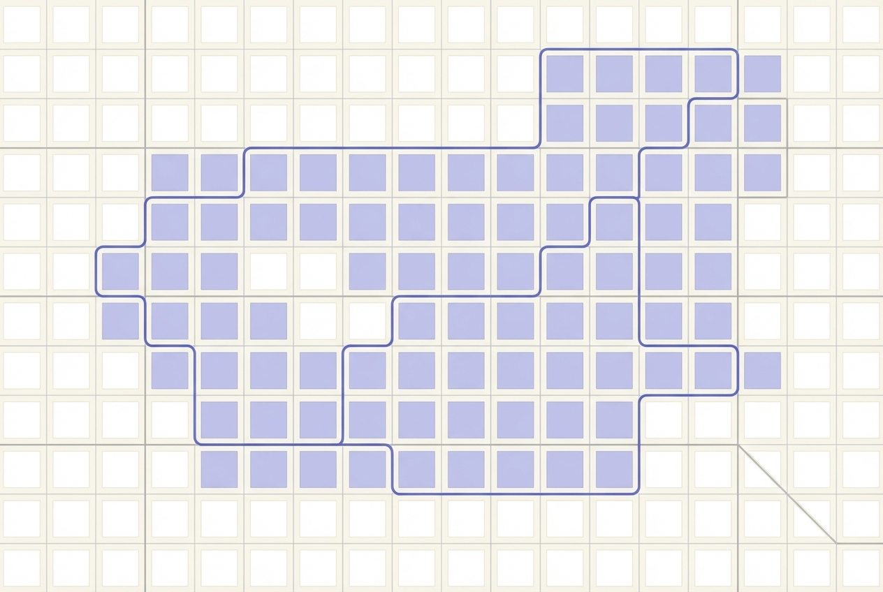 A single cyclist's route tracing across a grid, lighting up squares