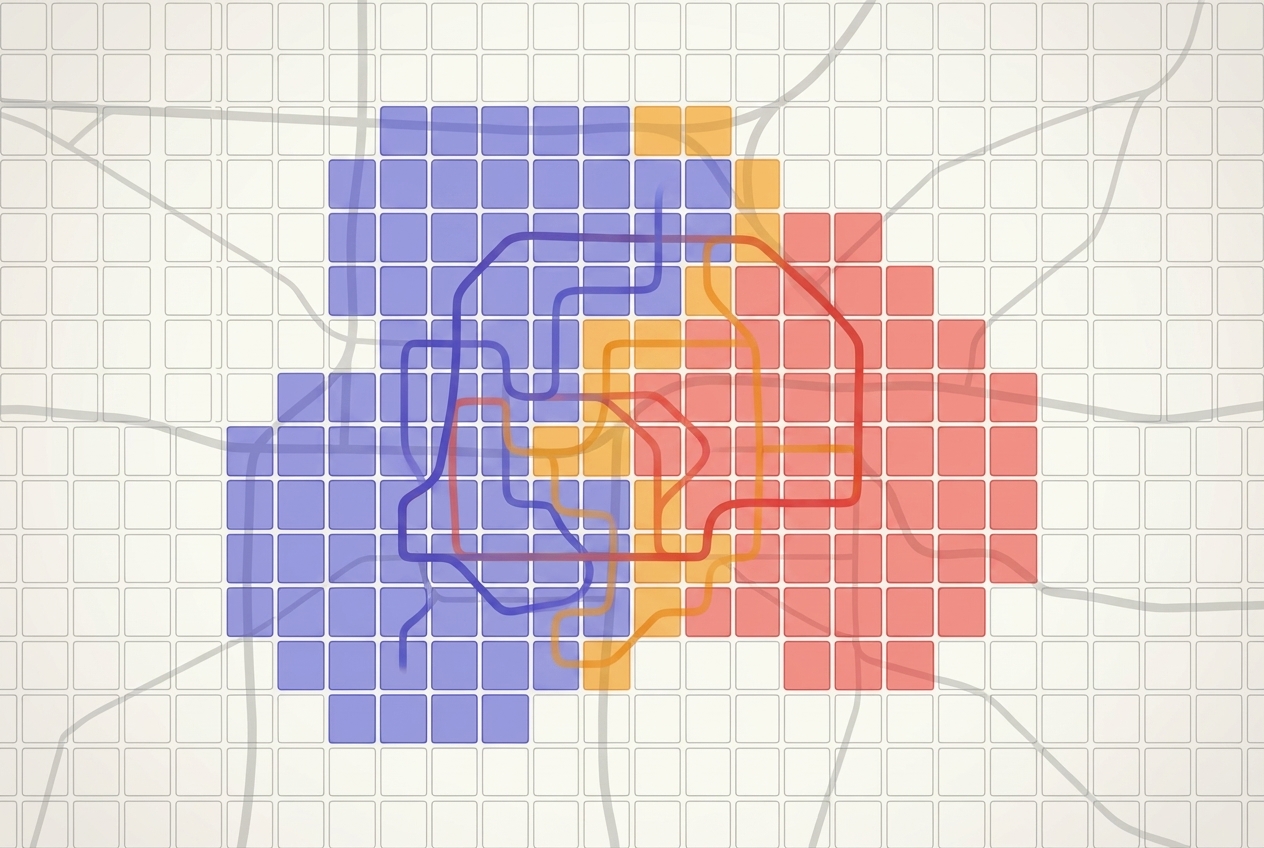 Multiple riders with different colored routes sharing one map