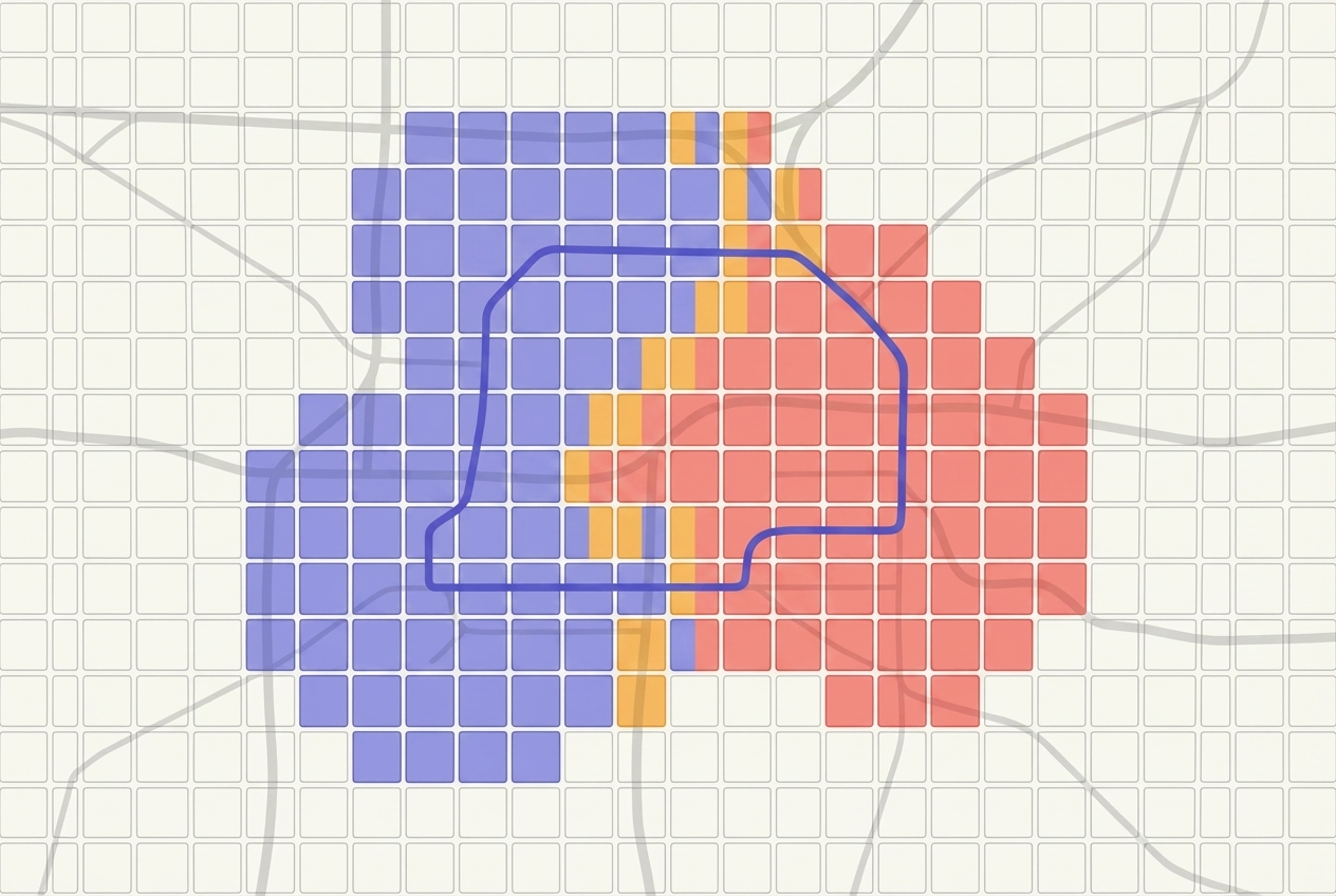 A contested border between blue and red territory with squares mid-flip