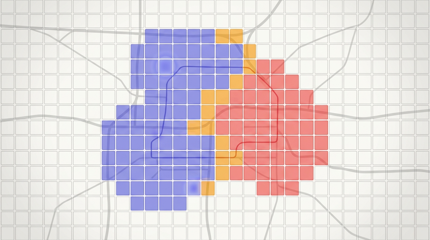 Stylized city map tiled into a grid of squares. Indigo squares mark friendly territory, red squares mark a rival's territory, and amber squares show contested border tiles.
